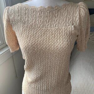 Vintage Cream Pointelle Knit Puff Sleeve Top, Romantic Cottagecore